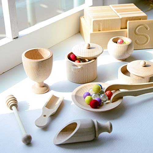 BLUE GINKGO Sensory Bin Tools - Montessori Fine Motor Skills Learning Waldorf Toys for Toddlers and Kids Pretend Play - 9 Piece Kitchen Wooden Set - BLUE GINKGO