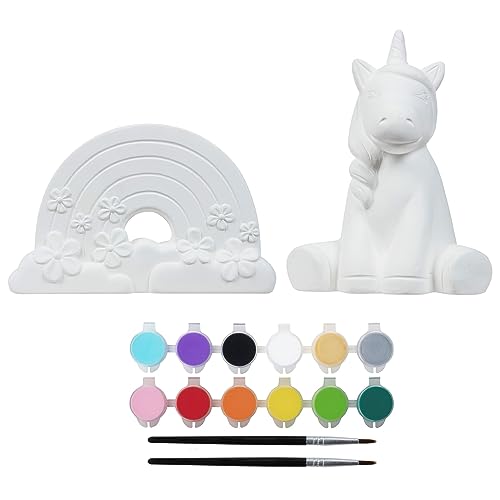 TULIP All-in-One Daydream 2 Figure Ceramic Painting Kit, Unicorn & Rainbow Value Pack, 2 Paint Your Own Figurines 12 Paints, 2 Paintbrushes, Kids TULIP