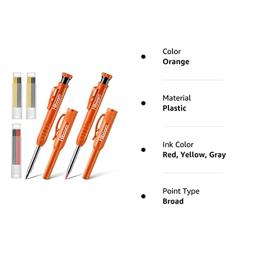 Hiboom 2 Pack Solid Carpenter Pencils with Pencil Cap and 18 Refills, Long Nose Deep Hole Mechanical Pencil Marker, Scribe Tool with Built-in Hiboom