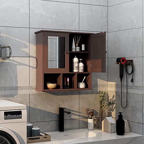 TaoHFE Brown Wall-Mounted Medicine Cabinet with Mirror and Open Shelves TaoHFE