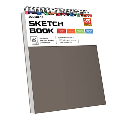 Soucolor 9" x 12" Sketch Book, 1-Pack 100 Sheets Spiral Bound Art Sketchbook, Acid Free (68lb/100gsm) Artist Drawing Book Paper Painting Sketching