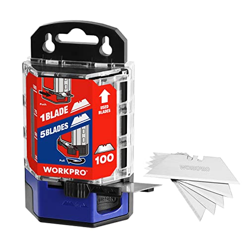 WORKPRO Utility Knife Blades, 100-Pack Utility Blades Replacement with Dispenser, SK5 Carbon Steel, Red WORKPRO