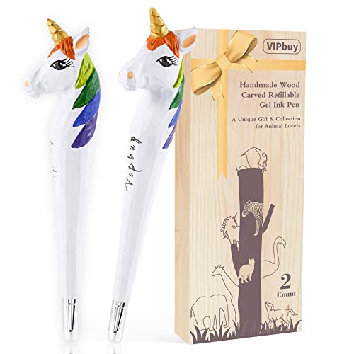 VIPbuy 2 Count 100% Handmade Wood Carved Gel Ink Pens -Novelty Refillable Writing Pens Office School Supplies Birthday Christmas Gift, Unicorn