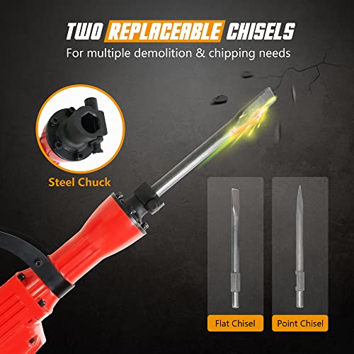 F2C 2200W Heavy Duty Electric Demolition Jack Hammer Concrete Breaker Power Tool Kit 2 Chisel 2 Punch Bit Set W/Case, Gloves F2C