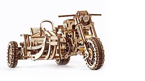 UGEARS Motorcycle with Sidecar 3D Puzzles - UGR-10 Motorcycle Scrambler Wooden Model Kits for Adults to Build - Retro Design Sidecar Motorbike Model UGEARS