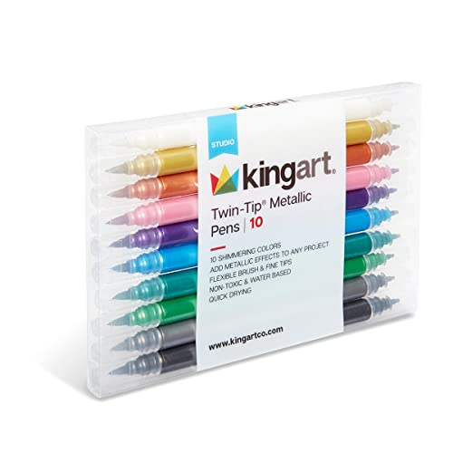KINGART 404-10 Twin-Tip Metallic Pens, Set of 10 Vivid Colors, Double-ended Brush Tip and Fine Tip, Non-Toxic, Quick Drying, Water-based Ink for KINGART