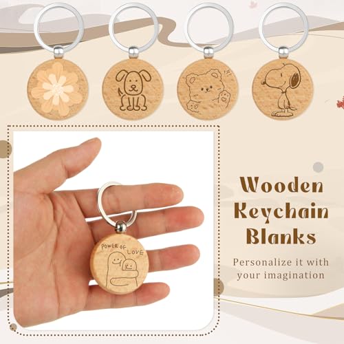 Oungy 50PCS Wooden Keychain Blanks Unfinished Round Wood Keychain Blanks Wooden Key Chain Bulk for Engraving Personalized DIY Gift Crafts Oungy