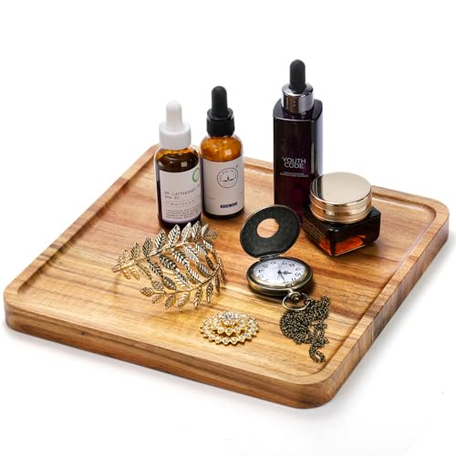 Elsjoy 2 Pack Acacia Wood Square Serving Tray, 10 Inch Square Wood Serving Platter Wooden Serving Board, Square Acacia Wood Plates for Charcuterie, Elsjoy