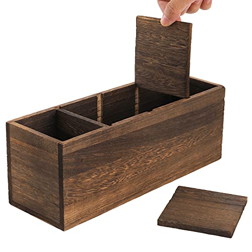 Dicunoy 2 Pack Wooden Pencil Holder for Desk, Rustic Wood Remote Control Holder Caddy, Retro Table Organizer with 4 Compartments for Art Supplies, Dicunoy
