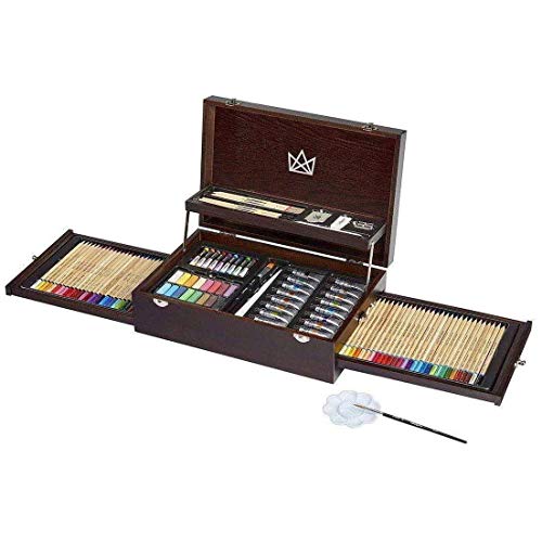 KINGART Mixed Media Art Set, 2-Drawer Wooden Case, Pencils, Pastels, Paints, Brushes, Erasers, Sharpener, Palette Knife, Palette, Painting, Drawing, KINGART