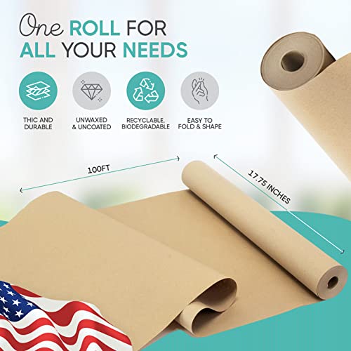 Brown Kraft Paper Roll 17.75” x 1200” (100ft) Made in USA- Ideal for Gift Wrapping, Packing Paper for Moving, Art Craft, Shipping, Floor Covering, Creative Paper Co