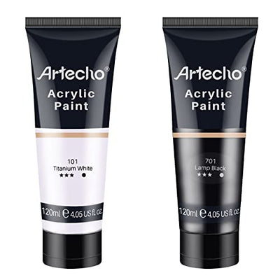 Artecho Professional Acrylic Paint, White and Black (120ml / 4.05oz) Tubes, Art Craft Paints for Canvas, Rock, Stone, Wood, Fabric, Art Supplies for