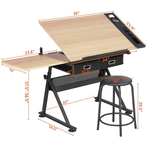 Yaheetech Height Adjustable Drafting Table Drawing Table Artist Desk Tilting Tabletop Art Craft Desk Watercolor Paintings Sketching Work Station w/2 Yaheetech