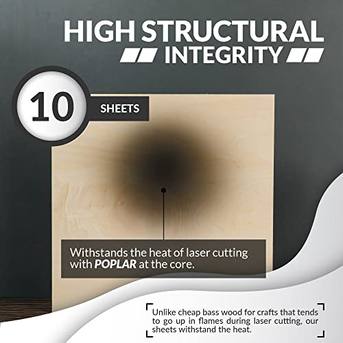 Basswood Sheets for Crafts 1/8 inch, 3mm Plywood Sheets for Laser Cutting, Wood Burning, Architectural Models, Drawing - 10 Pack Bass Wood 12 x 12 SS Custom Products