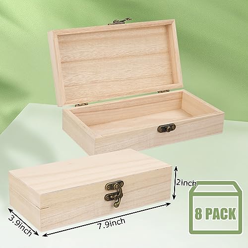 CYEAH Unfinished Wood Box Set of 8, 7.8 x 4 x 2 inch Rectangle Crafts Wooden Box, Wooden Storage Box with Hinged Lid for Crafts, Rustic Wood Gift CYEAH