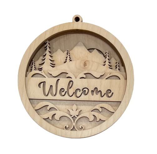 Decorative Scene Welcome Round Sign 6 Pieces Laser Cut Out Unfinished RND2 The Wood Shape Store