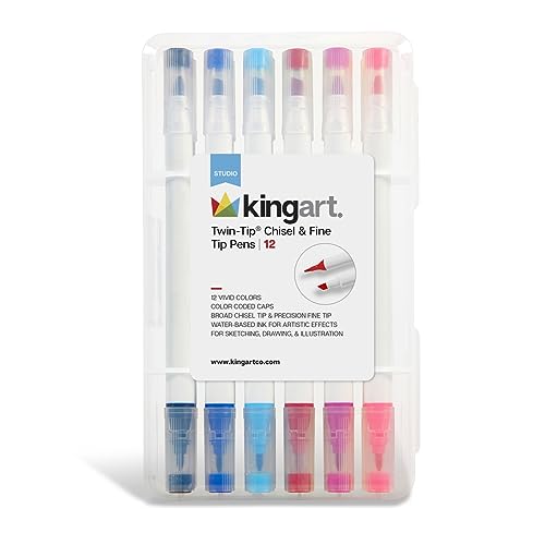 KINGART Studio Chisel & Fine Tip Marker Set of 12 Colors with Travel Storage Case KINGART