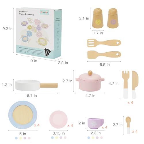 Frogprin 30 PCS Wooden Toy Plates and Dishes for Kids, Play Kitchen Accessories Set, Pretend Play Food Sets for Children Kitchen, Montessori Toys for Frogprin