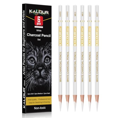 KALOUR White Charcoal Pencils Drawing Set, Professional 6 Pieces White Sketch Pencils for Drawing, Sketching, Shading, Blending, White Chalk Pencils KALOUR