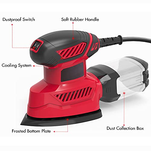 Detail Sander, 130W Compact Electric Sander, 14000 RPM, with 20PCS Sandpaper Mouse Sander, Hand Sanders with Multi-Function efficient Dust Box Vistreck