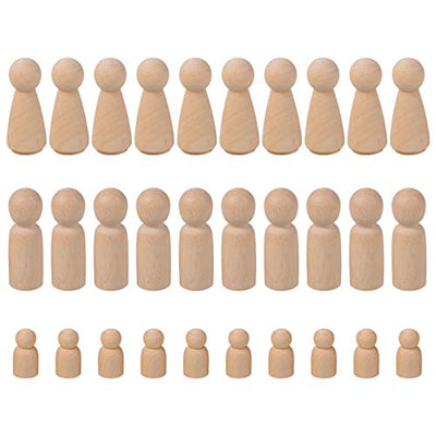 NUOBESTY Unfinished Wooden Peg Dolls - 30 Pack Peg Dolls for Painting, Craft Art Projects,Men Women Baby,3 Assorted Shapes