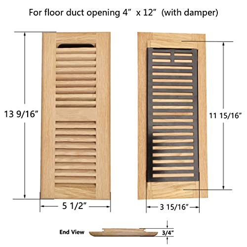 Razo Red Oak Wood Floor Register, Drop in Vent Cover with Damper, 4x12 Inch (Duct Opening), 3/4 Inch Thickness, Unfinished Razo