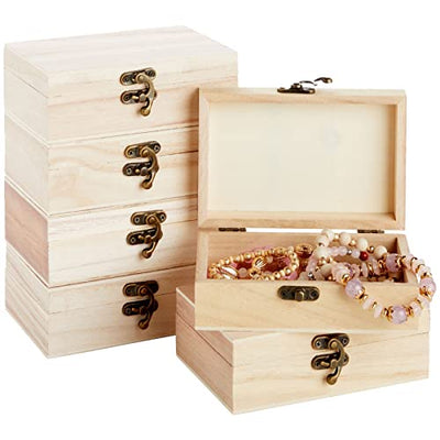 6 Pack Unfinished Wooden Boxes for Crafts with Hinged Lids and Front Clasps, 6x4x2 in for Jewelry, Crafts, Storage