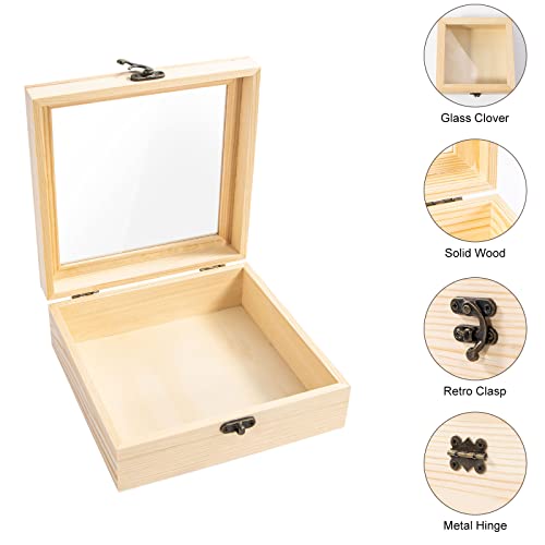Useekoo Unfinished Wooden Display Box with Glass Top Hinged Lid, 7.1'' x 7.1'' x 2.8'' Small Wood Keepsake Storage Box, DIY Craft Box for Useekoo