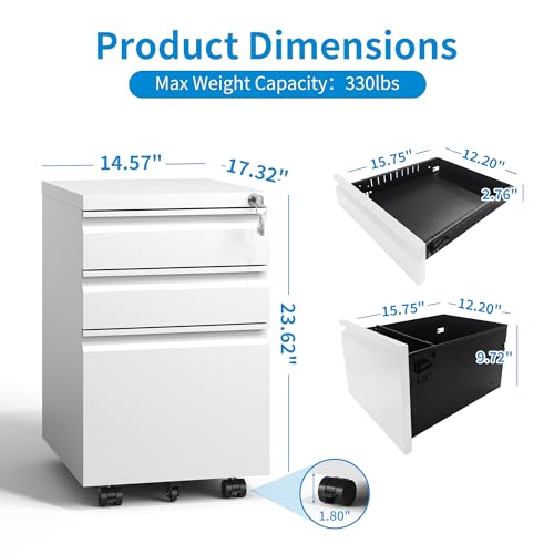 EKJ 3 Drawer Mobile File Cabinet, White Metal Under Desk Filing Cabinets with Wheels, Locking Slim Vertical File Cabinet for Home Office, Fully EKJ