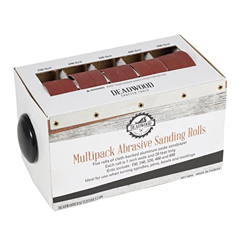 DCT Abrasive Paper 5pc Sand Paper Variety Pack with Dispenser – 150, 240, 320, 400, 600 Grit Aluminum Oxide Sandpaper Deadwood Crafted Tools