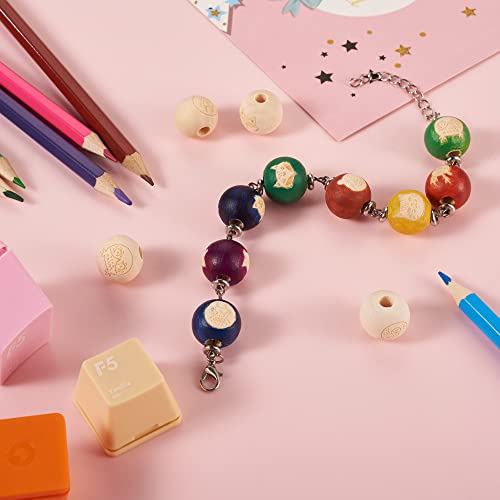 Craftdady 80pcs 15-16mm Round Wood Beads Unfinished Wood European Spacer Beads Large Hole Wooden Beads with Animal Cat Pattern for DIY Macrame Craftdady