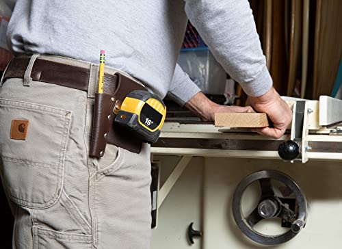 The Wood Shop Mate Heavy Duty Tape Measure Pencil Holder in Top Grain Leather Made to Last A Lifetime (Pencil on Left) Barefoot Custom Creations