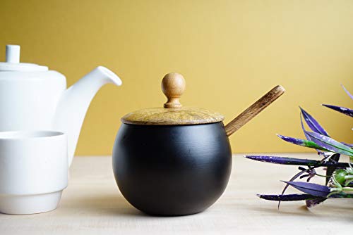 GoCraft Sugar Bowl with Wooden Lid and Spoon for Home and Kitchen, Drum Shape (Matte Black Finish) GoCraft