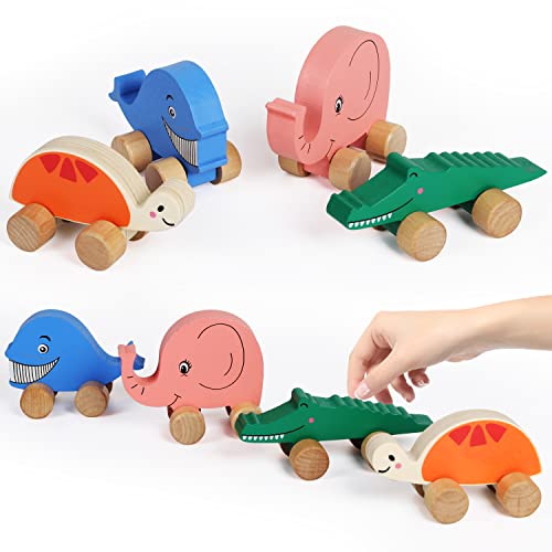 TOWO Wooden Cars for Toddlers - Animals on Wheels - Vehicles Sensory Grasping Motor Skill Toy –Push and Go First Trucks for Baby 12 Months 1 Year Old Toys of Wood Oxford