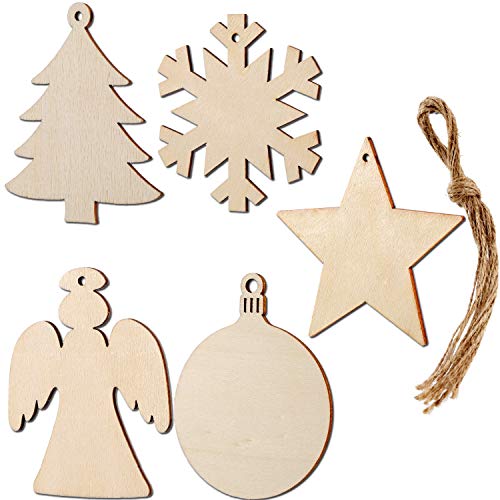 Tatuo 50 Pieces Christmas Wooden Ornaments Wood Snowflake Angel Star Christmas Tree Round Discs Decorations Hanging Embellishments with 50 Pieces Tatuo