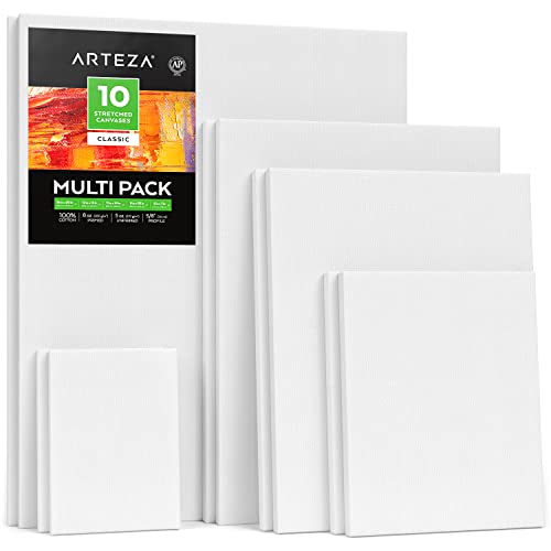 Arteza Stretched Canvas, Multipack of 10, 5 x 7, 8 x 10, 11 x 14, 12 x 16, 16 x 20 Inches – 2 of Each, 100% Cotton, 8 oz Gesso-Primed, Art Supplies ARTEZA