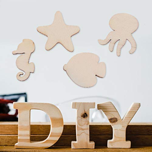Amosfun 100pcs Unfinished Wood Cutouts Sea Animal Star Fish Shaped Wood Pieces for Kids DIY Art Craft Home Decoration (Random Pattern) Amosfun