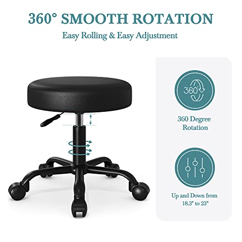 HOOMIC Rolling Stool Swivel Salon Shop Stool Chair Adjustable Drafting Stool Massage Spa Stool with PU Leather Cushioned in Black… HOOMIC