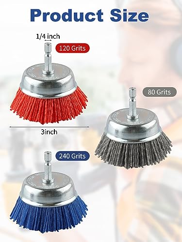 Rocaris 3 Pack Nylon Filament Abrasive Cup Brush Set with 1/4 Inch Hex Shank, for Removal of Rust/Corrosion/Paint - 80 Grit, 120 Grit, 240 Grit Rocaris