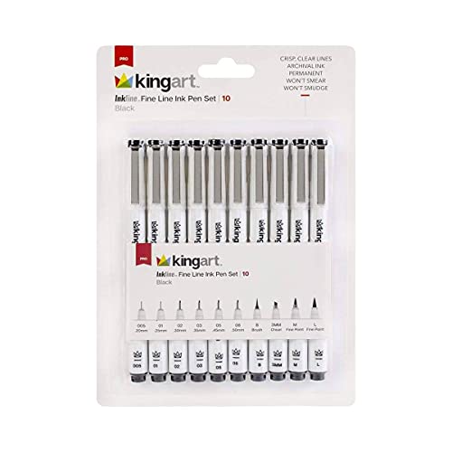 KINGART 430-10 PRO Inkline Micro Line & Precision Graphic Pens, 10 Assorted Nibs, Archival Waterproof Black Japanese Ink for Art, Illustration, KINGART
