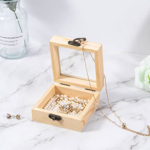 Useekoo 2Pcs Small Wooden Box with Hinged Lid, 3.5'' x 3.5'' x 1.8'' Unfinished Wood Gift Box with Glass Lid, Small Wooden Jewelry Box for DIY and Useekoo