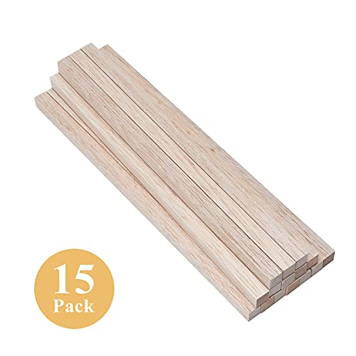 Balsa Wood Sticks 1/2 Inch Square Dowels 12" Long - Pack of 15 by Craftiff (15 Pcs) Craftiff