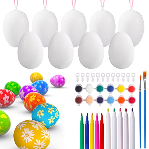 Max Fun 50 Pcs White Blank Easter Eggs Ornaments Bulk Decoration for Craft Hanging Plastic Artificial Eggs with Rope DIY Painting Decorating Basket Max Fun
