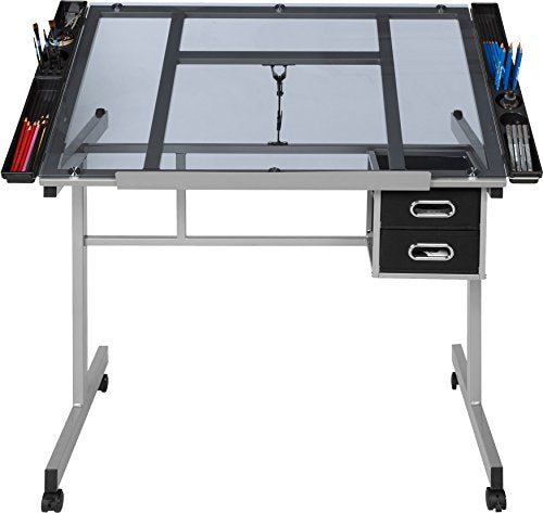 OneSpace Craft Station with Blue Glass Drafting, Silver OneSpace