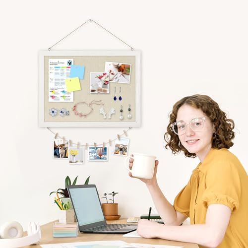 DOLLAR BOSS Bulletin Boards with Linen 1-Pack 16''X 12'' Double-Sided Cork Board for Walls Wood Framed Bulletin Boards, Small Pin Board for Home DOLLAR BOSS