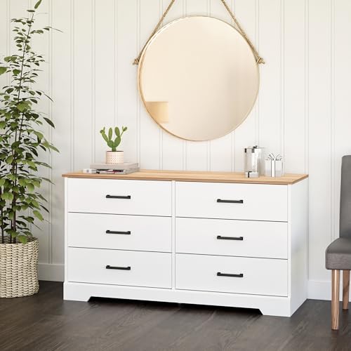 Prepac Rustic Ridge 6 Drawer Dresser, 18.25" D x 53.25" W x 28.5" H, White & Oak Prepac
