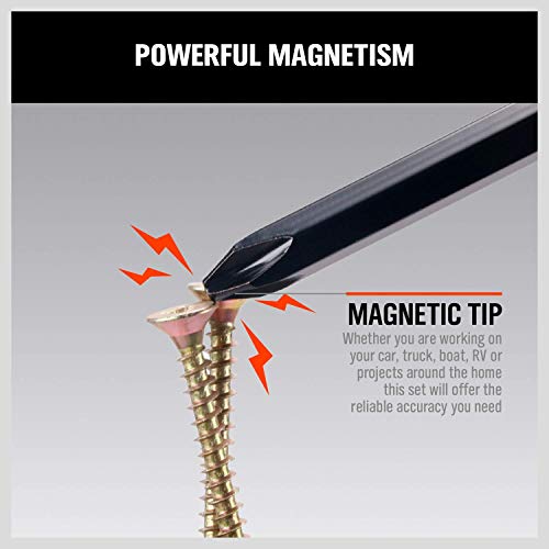 HORUSDY 6-Pieces Magnetic Screwdriver Set, 3 Phillips and 3 Flat Head Tips Screwdriver for Fastening, Chiselling and Loosening Seized Screws (New HORUSDY