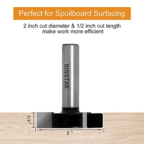 CNC Spoilboard Surfacing Router Bits, 1/2 inch Shank 2 inch Cutting Diameter, Slab Flattening Router Bit Planing Bit Wood Milling Cutter Planer BINSTAK