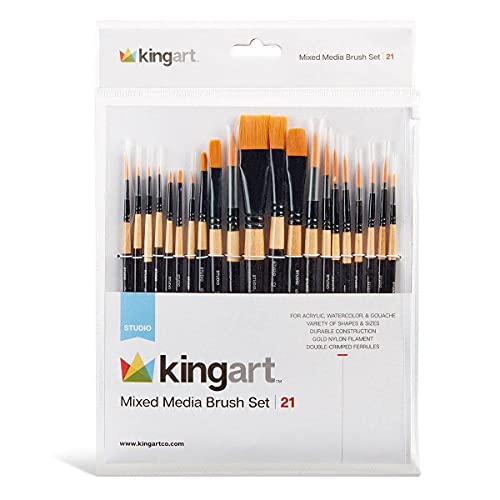 KINGART Studio Mixed Media Brush Set, Set of 21, Variety of Shapes &Sizes, Gold Nylon Filament, Black Gloss Lacquered Handle with Black Ferrule, KINGART