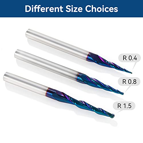 CNC Router Bits 1/4 inch Shank Spiral Tapered Ball Nose 2D & 3D Carving Bit 6.2 Deg Tapered Angle Ball Tip R0.4 1/4"Shank 3"OVL for Wood Carving YOKISHUN